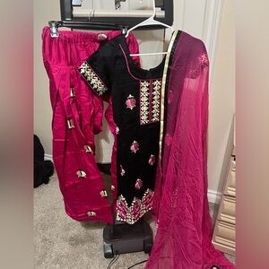 Black and Pink Embroidered Salwar Kameez Set